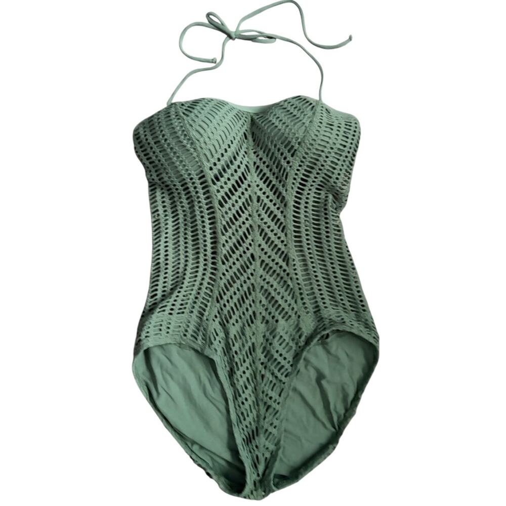 Robin Piccone Sophia Crochet One Piece Swimsuit Sage Green Cut Out Sz 8 - Picture 5 of 13